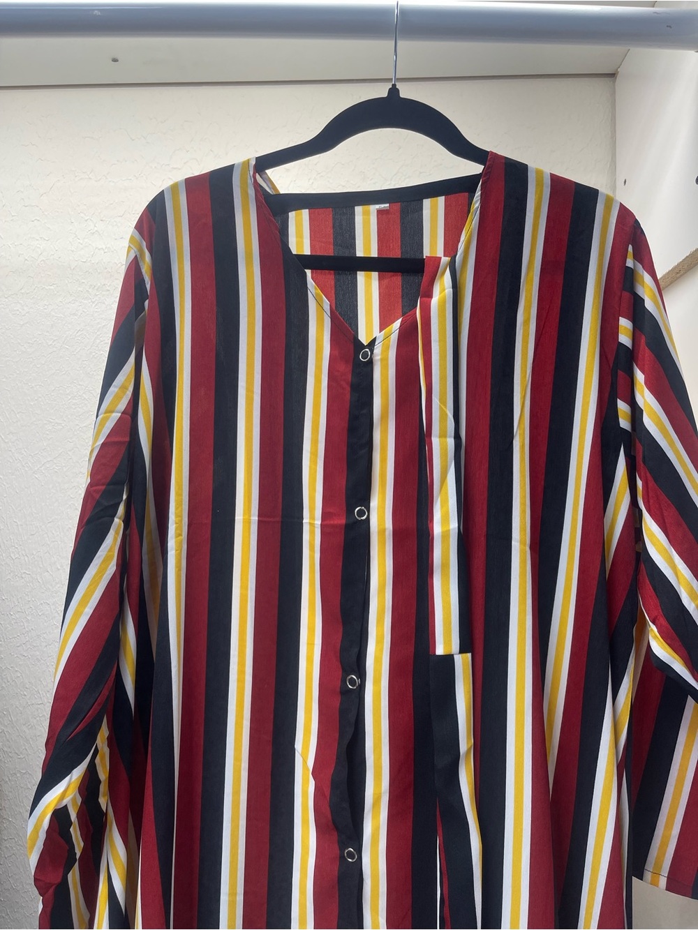 Striped Button-Front Long Sleeve Top in Red, Black & Yellow